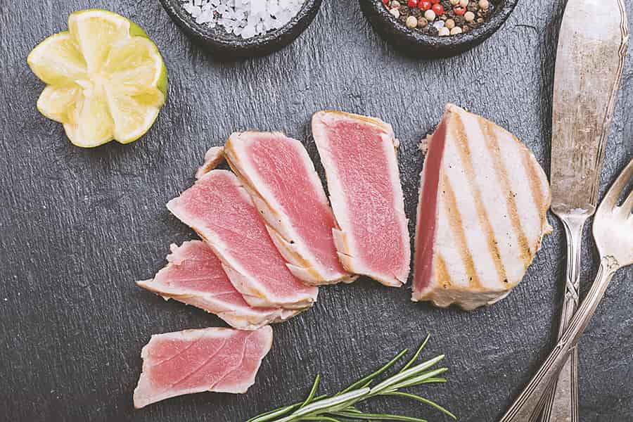 Seared tuna with shaved vegetable salad