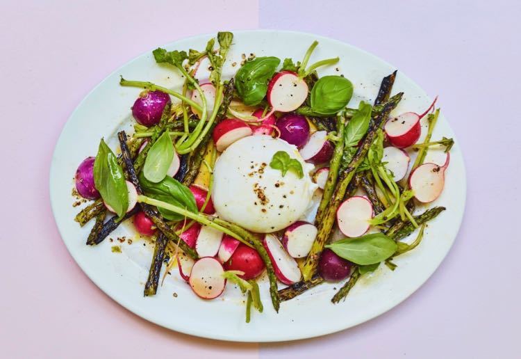 Griddled Asparagus, Radishes & Burrata with lemon and basil Rest Less