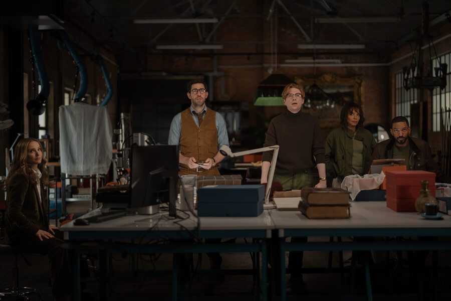 Natalie Portman, John Krasinski, Domhnall Gleeson, Carmen Ejogo, and Laz Alonso in ‘Fountain of Youth’. Courtesy of Apple TV+