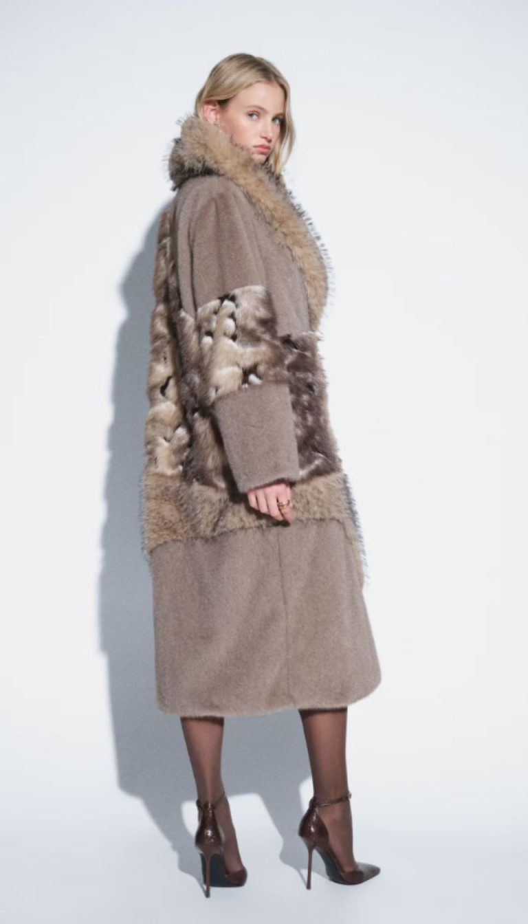 Patched longline faux fur coat
